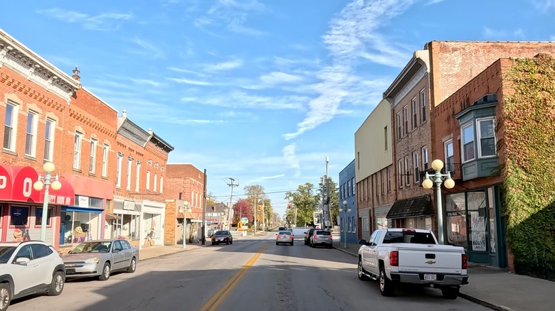 Two-story brick buildings in downtown Oak Harbor, Ohio, on a sunny day