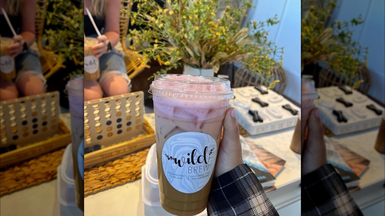 Iced latte with pink foam from Wild Brew, Ohio