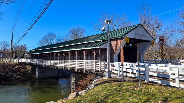 Historic Newton Falls Covered Bridge over the Mahoning River in Newton Falls, Ohio