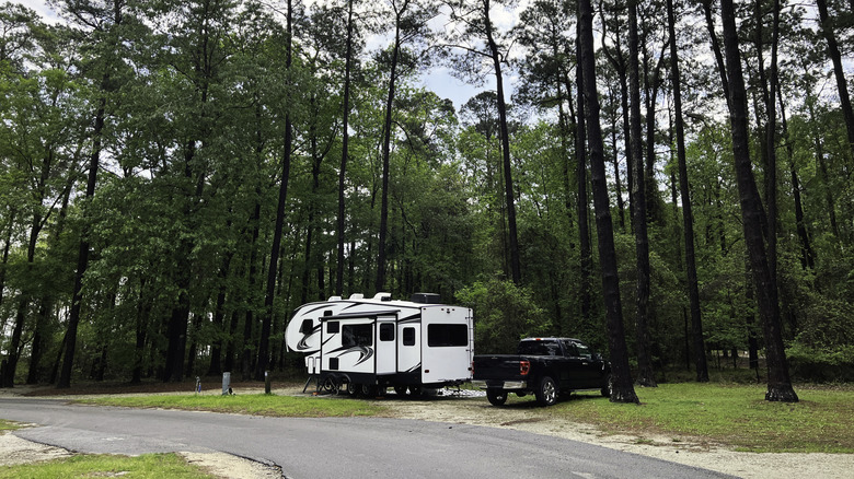 An RV parked at a campsite at Santee State Park in South Carolina