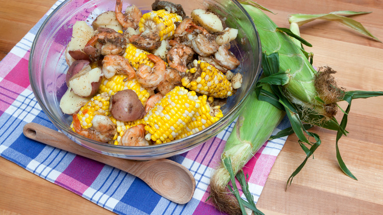 Bowl with classic Lowcountry shrimp boil
