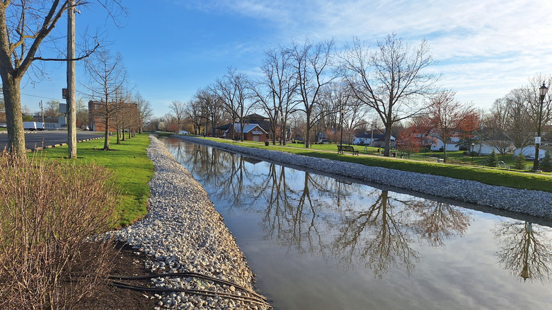 View of the canal and adjacent green space in New Bremen, Ohio
