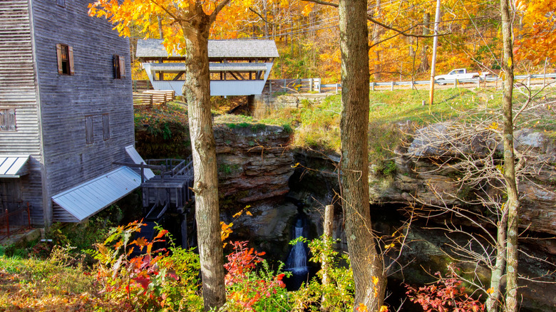 View of the gorge and waterfall at Stebelton Park at Rock Mill, Ohio, in the autumn