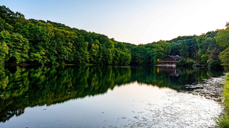 The calm surface of Lake Loretta with the Goslin Nature Center on its distant shoreline.