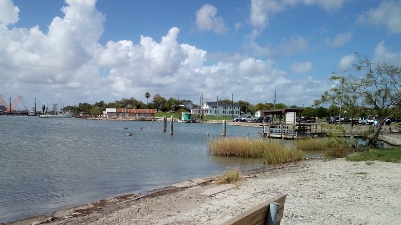 A coastla scene of water, trees, boats, houses and offshore rigs in Ingleside on a sunny day.