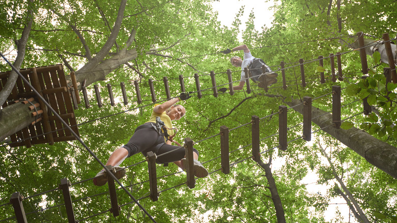 Two people in the trees at Sandy Spring's Adventure Park
