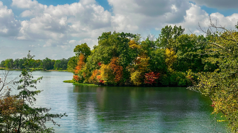 A view of Armco Park Lake in Warren County Armco Park during fall foliage in Lebanon, Ohio