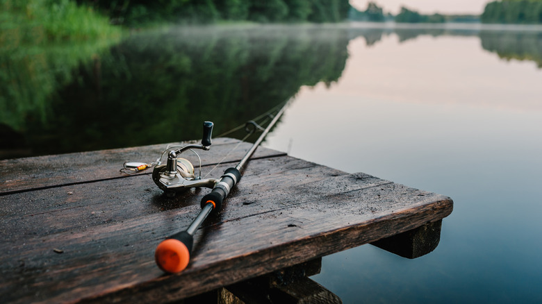a fishing rod lying on a jetty in a lake