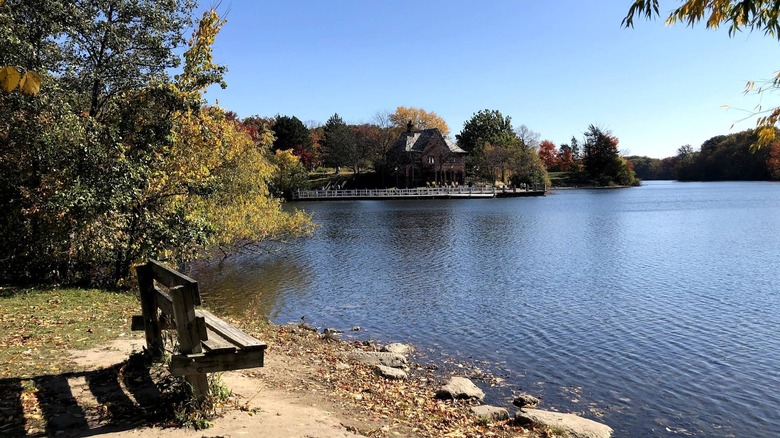 A bench overlooking Newburgh Pointe in Livonia, Michigan