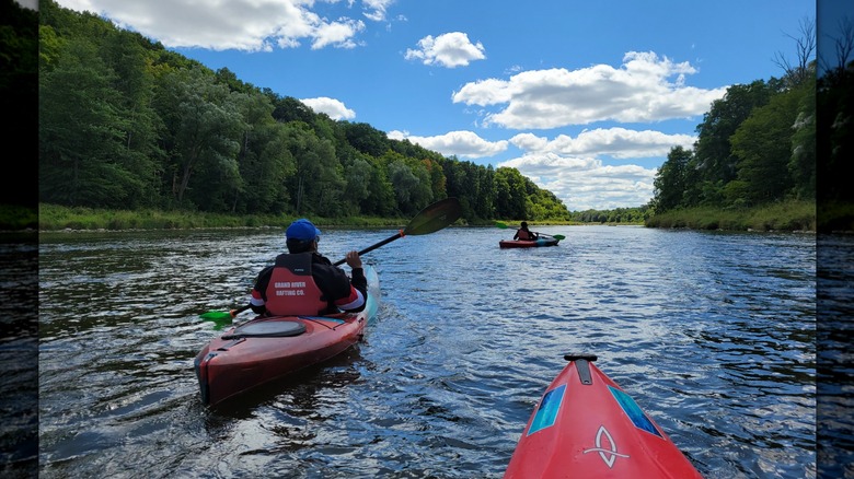 The view from the kayak, with two kayakers in front, flowing water of the tree-lined Grand River, and blue skies dotted with clouds