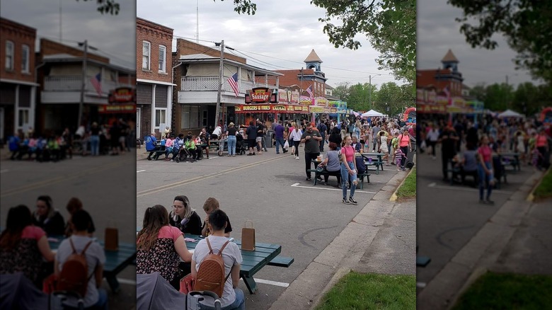 The streets full of picnic tables with Maybee's downtown brick buildings and food-truck-like vendors