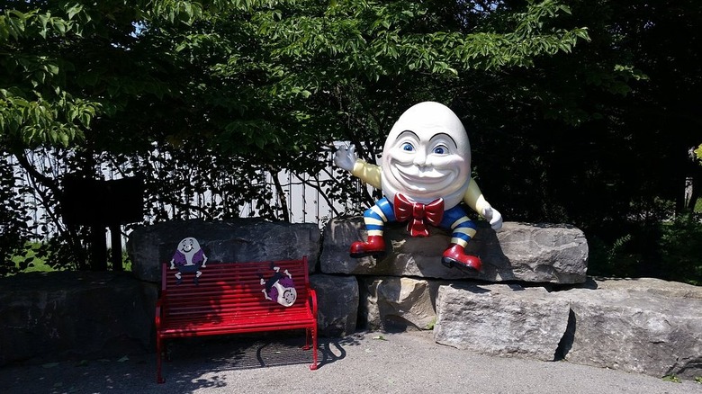 Humpty Dumpty sitting on wall inside Storybook Gardens