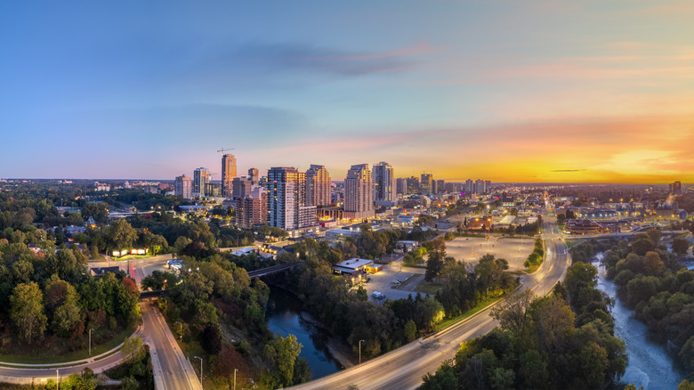 London, Ontario, Canada downtown city skyline on the Thames River at blue hour