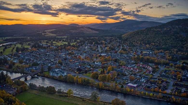 Aerial view of Ballater in Cairngorms National Park at sunset