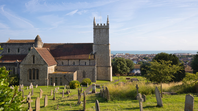St. Leonard's Church on the hillside overlooking Hythe down below
