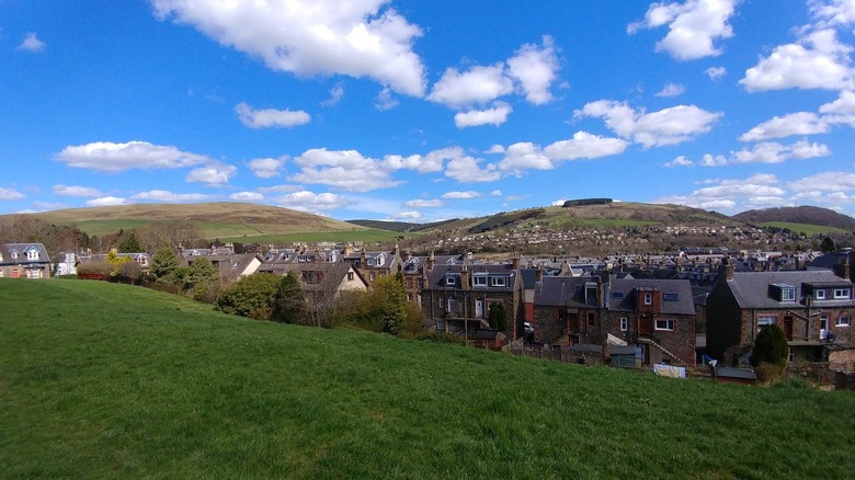 A distant sunny view of the town of Galashiels, Scotland