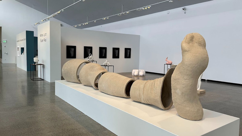 Ceramic foot artwork propped on white platform on display in contemporary museum.