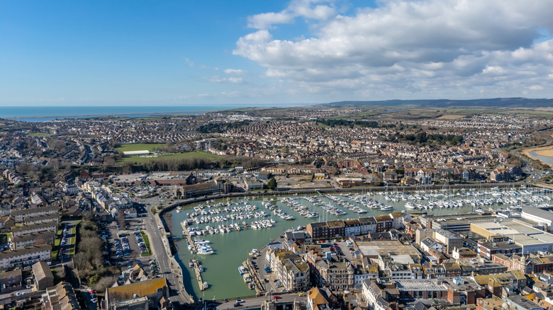 Ariel view of boats in the harbor and the budlings of the town, at Weymouth, England