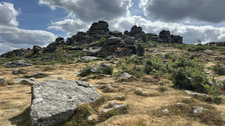 The granite rocks of Hound Tor on a sunny day in Dartmoor National Park