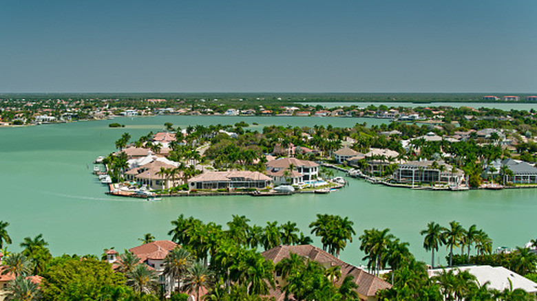 Drone shot of Marco Island and the surrounding water where the fishing town of Goodland is located