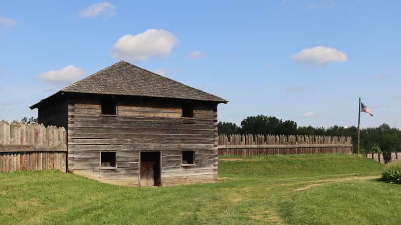 A reconstructed palisade wall and wooden blockhouse at Fort Meigs, Ohio