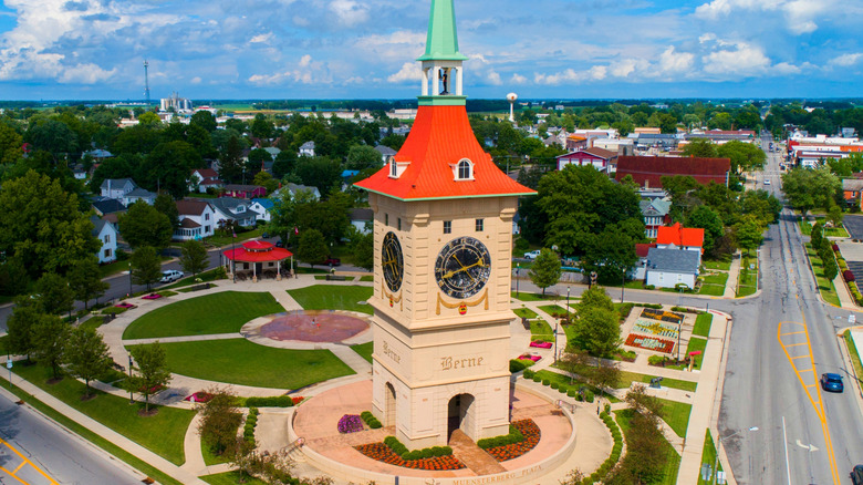 Swiss-inspired clock tower in Berne, Indiana's Muensterberg Plaza