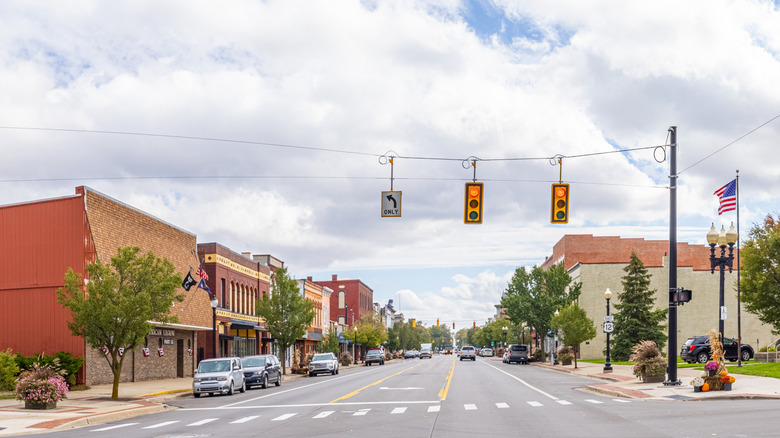 Downtown Coldwater stop light with historic red-brick buildings lining the Main Street