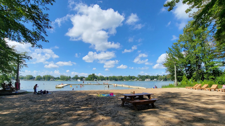 Dallas Lake Beach and its swimming pier in Dallas Lake Park in Wolcottville﻿, Indiana