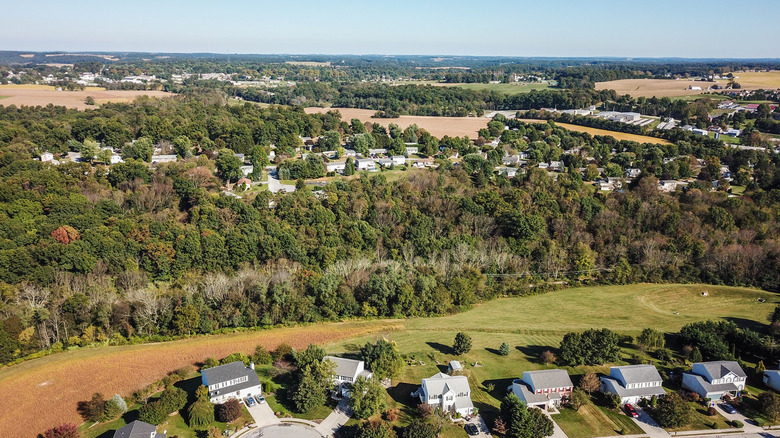 View of buildings and surrounding countryside in New Freedom, Pennsylvania