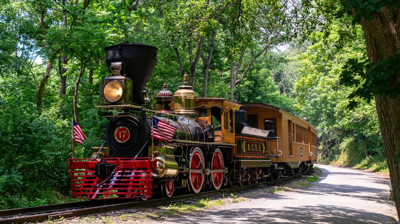 The steam locomotive of the Northern Central Railway passing through the countryside