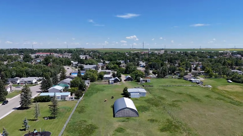 An aerial view of Claresholm, showing its neighborhoods and greenspace