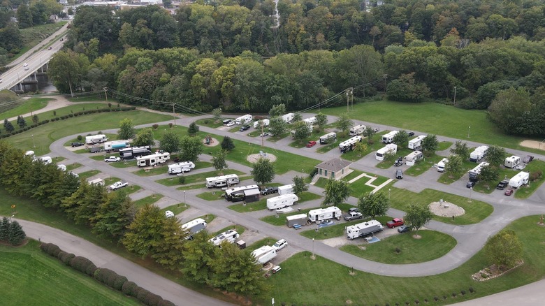 The RV campground at Shamrock Park, Berrien Springs, Michigan, surrounded by greenery