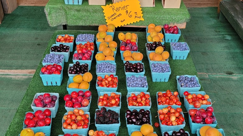 Pre-picked cherries, blueberries, and other fruits for sale at Stover's Farm Market and U Pic in Berrien Springs, Michigan