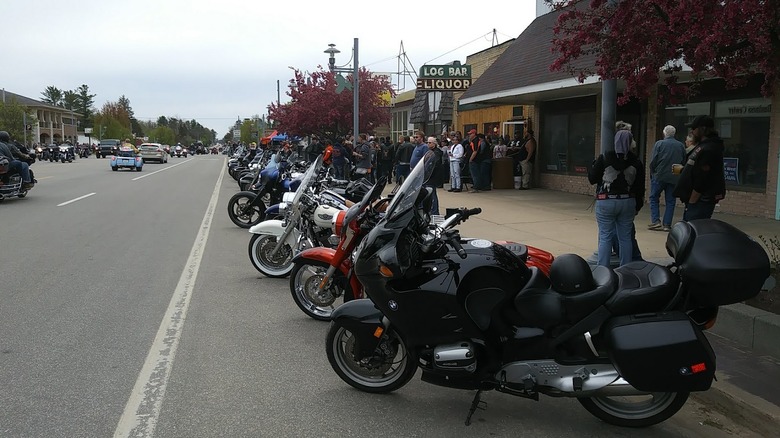 A long line of motorcycles in Baldwin, Michigan