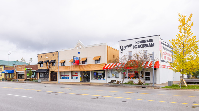 A series of old-fashioned buildings in Baldwin, Michigan