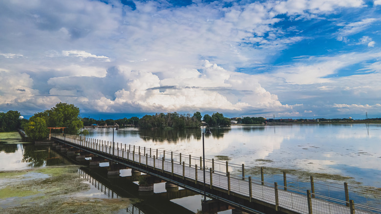 View of trestle trail over lake near Fox Crossing