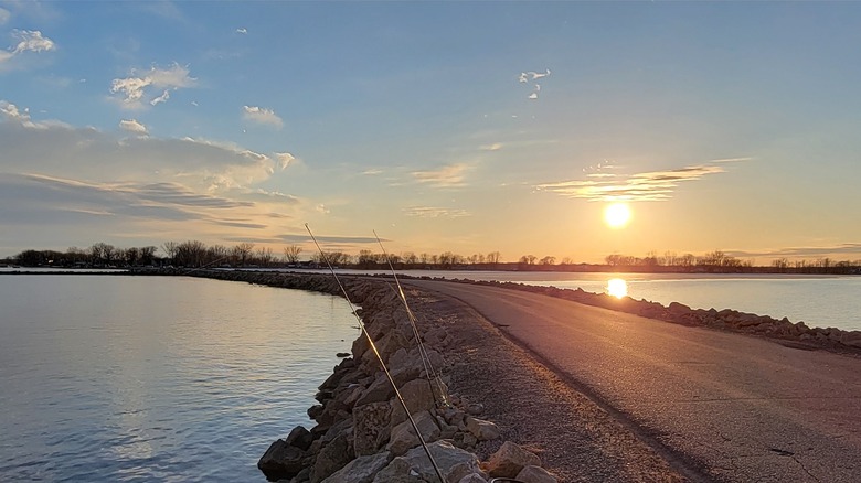 The long pier at Breakwater Park in Oconto reaching into Green Bay at sunrise