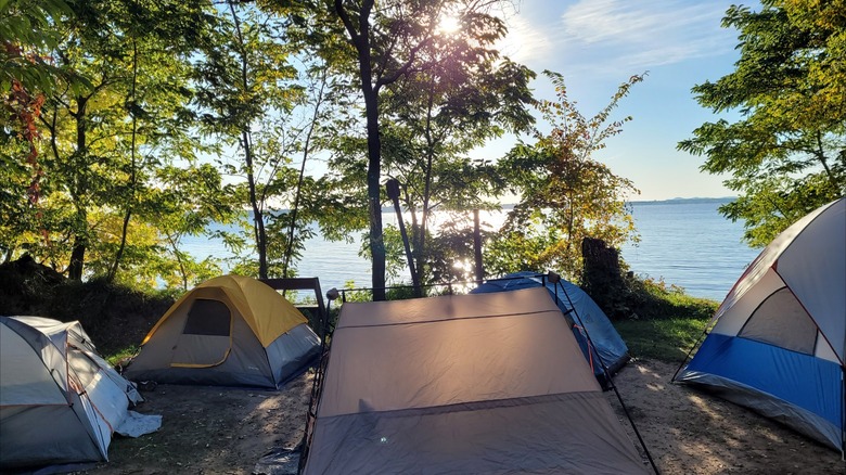 Several tents pitched at a primitive waterfront campsite at Buckhorn State Park, Wisconsin