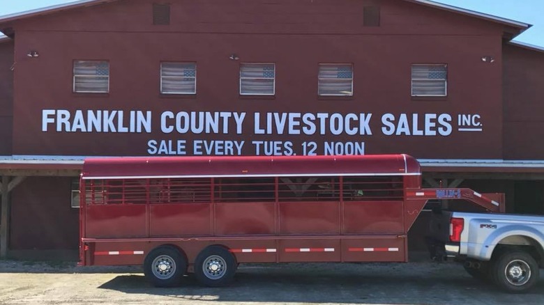 red livestock trailer hitched to truck in front of Franklin County Livestock building