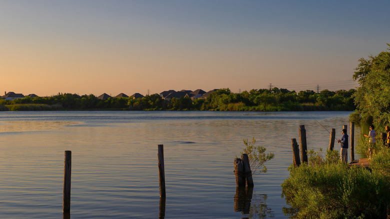 People fishing along banks of bayou at dusk, League City, Texas