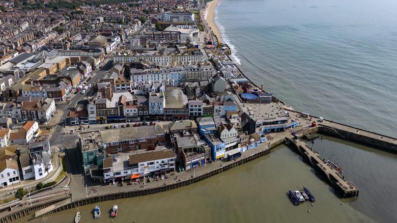 Aerial view of the seaside town of Bridlington on the Yorkshire coast in the United Kingdom