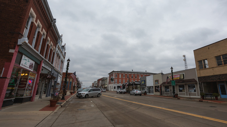 Historic buildings in downtown Vandalia on cloudy day