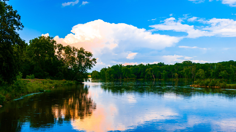 A glassy lake in Illinois with forested shoreline
