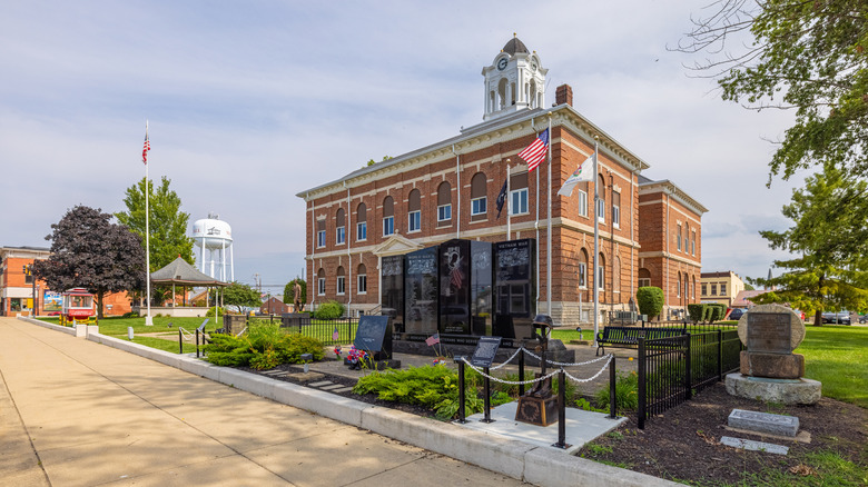 The old brick courthouse and surrounding square in Marshall, Illinois