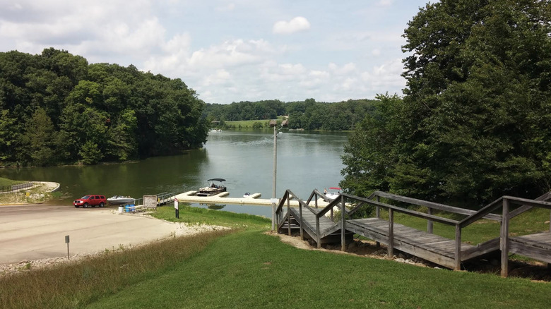 The boat ramp area in Mill Creek Park leading to Mill Creek Lake in Illinois