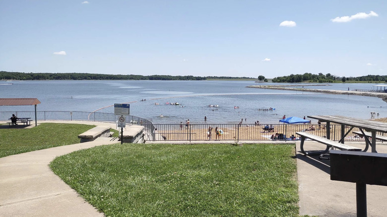 people enjoying the beach at Long Branch State Park, Macon, Missouri