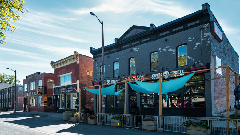 Businesses in downtown Cornwall, Ontario, on a sunny day