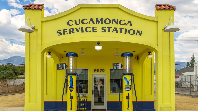 The bright yellow exterior of the historic Cucamonga Service Station
