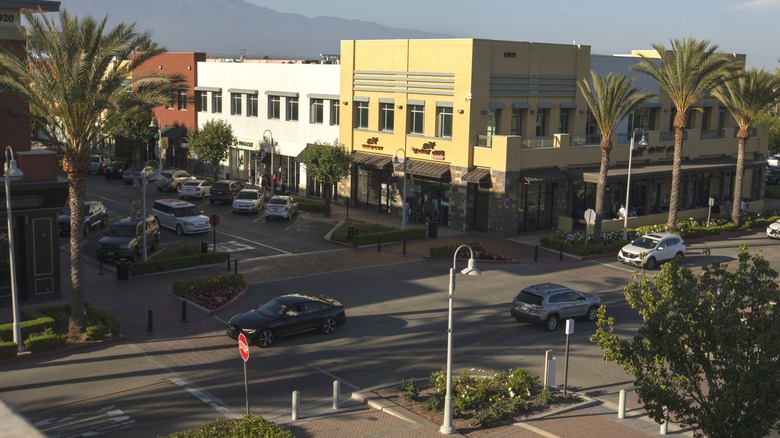 This is a picture of the downtown area of Chino Hills with shops and restaurants in the photo.