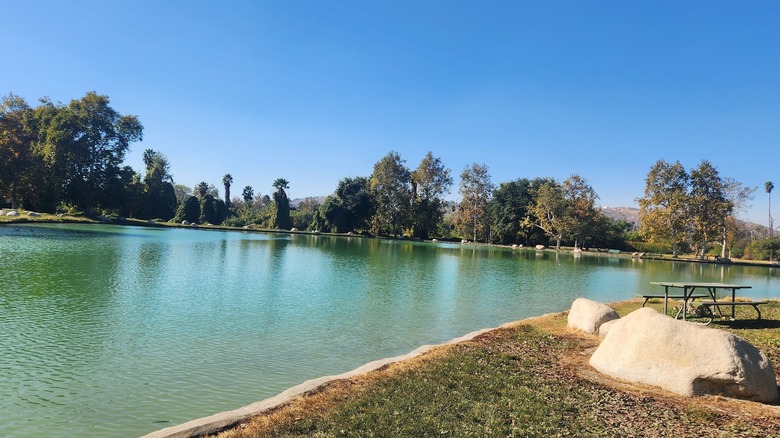 The view of the water in Rancho Jurupa Park in Jurupa Valley, California